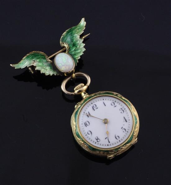 A ladys early 20th century Swiss 18ct gold, green guilloche enamel and diamond set fob watch, brooch width 1.5in.